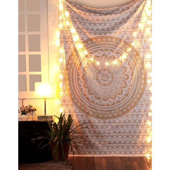 Indisch psychedelisch wandkleed, mandala-motief in wit en goud, boho-stijl, Indisch katoen, 140 x 220 cm