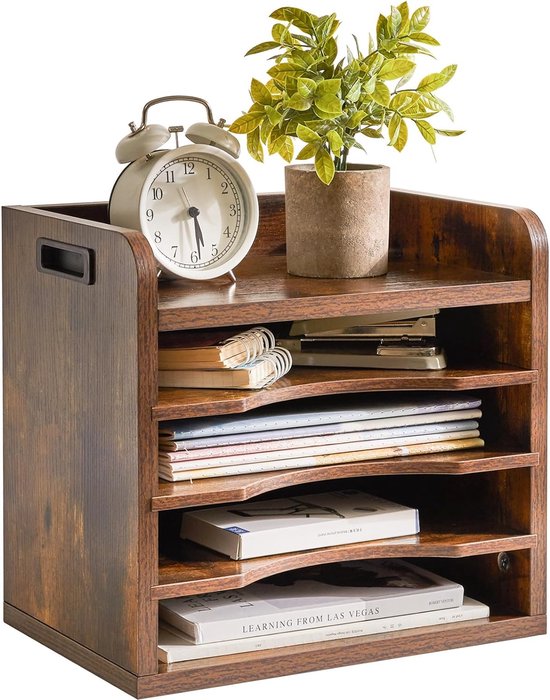 Houten bureaublad, 4 niveaus in het vak, A4-formaat, archiefhouder, magazijn, organizer, papieropslag, kantoor, bureau, netjes aktenhouder, rek, bruin