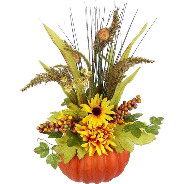 Arrangement met kunstbloemen Dahlia bessen grassen in pompoen kunstbloemen decoratieve bloemen herfstbloemen zijden bloemen arrangement tafeldecoratie 40 cm