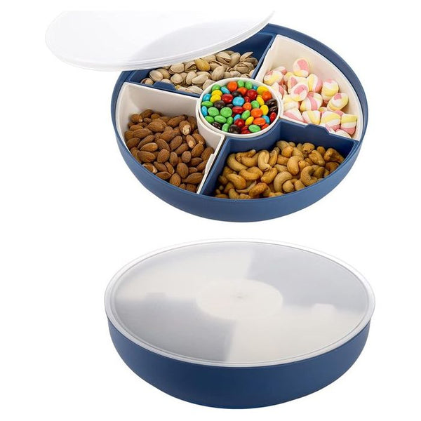Set van 2 plastic snoep- en notenserveercontainers met deksels 29 cm verdeeld 5 compartimenten Snackkommen Dienblad Aperitiefbakje voor voedselopslag