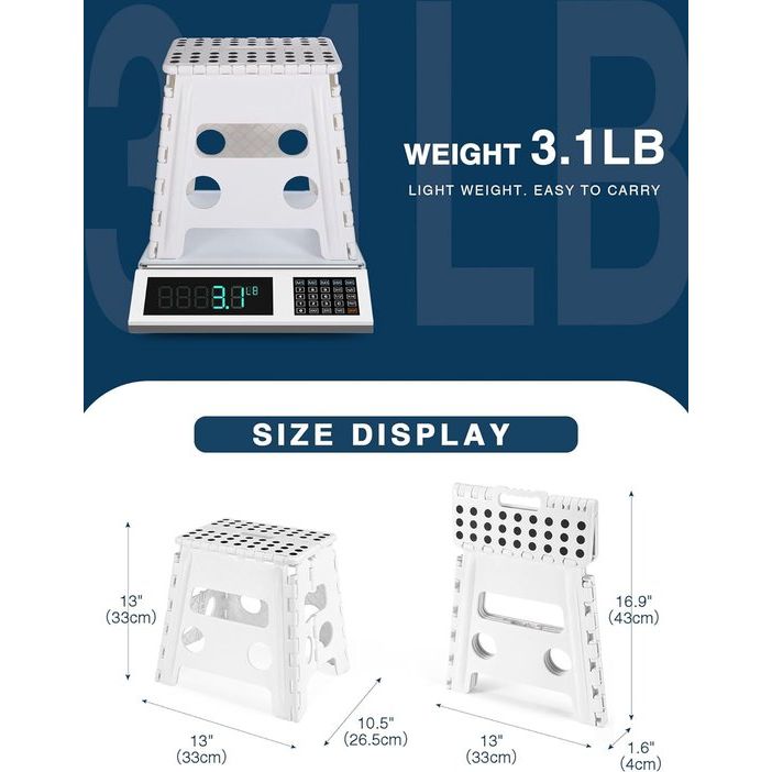 33 cm opstapkruk, inklapbaar, wit, opvouwbare kruk, draagbare klapstoel, voetenbank, vouwkruk, tot 136 kg, voor volwassenen