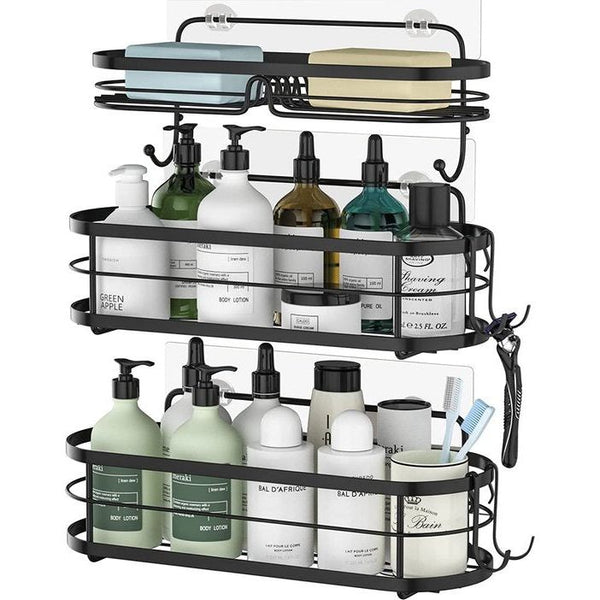 No Drilling Shower Caddy Black, 3 Pack Shower Caddy, No Drilling Shower Caddy, SUS304 roestvrijstalen douche-organizer met 5 plakborden en 4 haken, zwart