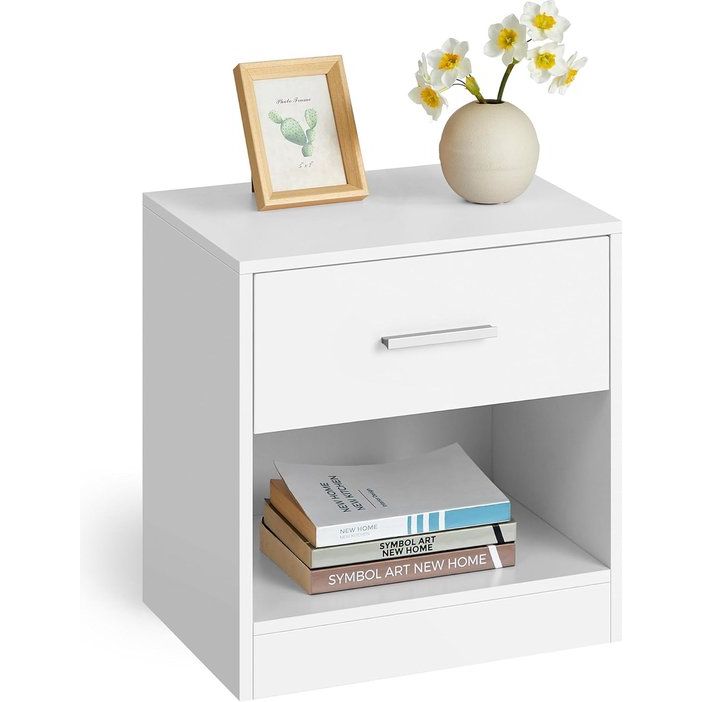 Nachtkastje, bijzettafel, met lade, handvat, open vak, salontafel, voor slaapkamer, woonkamer, klassiek wit. Bedside table, side table, with drawer, handle, open compartment, coffee table, for bedroom, living room, classic white.