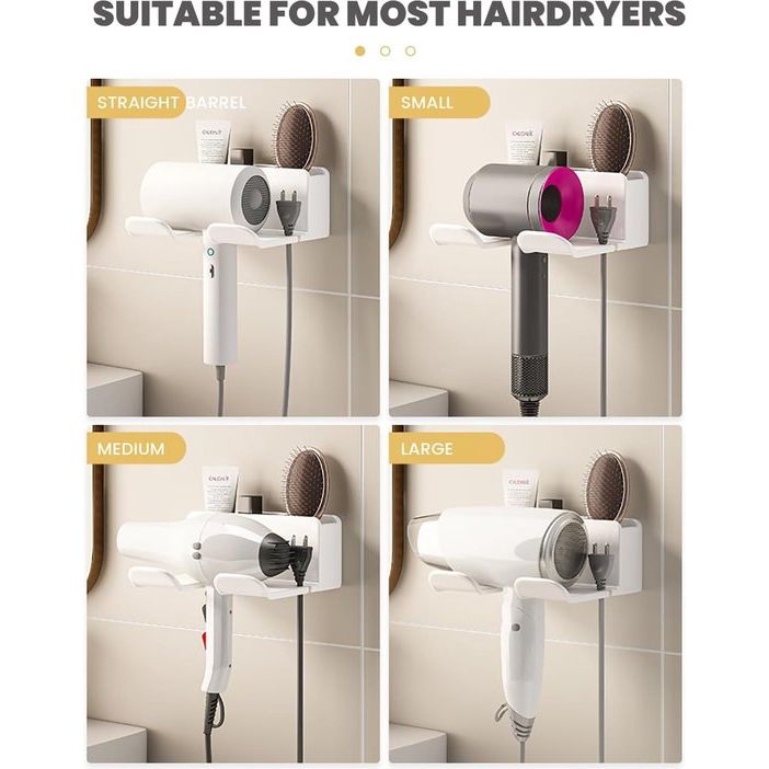Föhnhouder zonder boren, föhnhouder voor aan de muur, zonder boren, föhnhouder met stekkerhouder en opbergvak, geschikt voor de meeste haardrogers, 16 x 6,5 x 12,6 cm