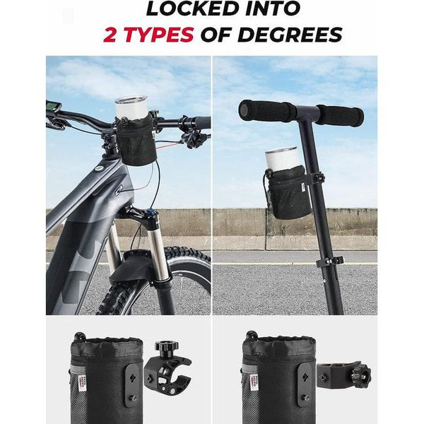 Bidonhouder voor op de fiets, Oxford-stof, universele waterfleshouder met netvak, bekerhouder voor kinderwagen, motorfiets, fiets, rolstoel, scooter, boot