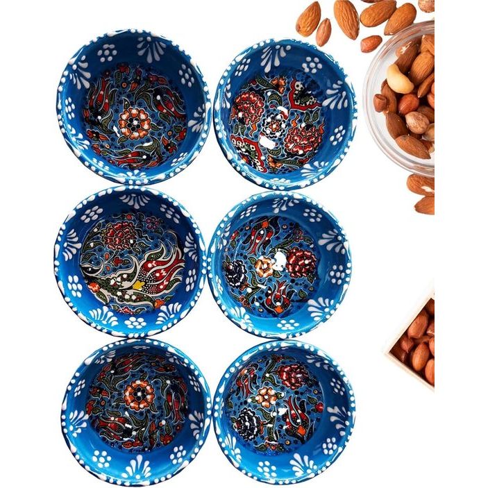 Kleine keramische schalen set van 6 - serveerschalen set voor tapas, dip, dessert, snackschaal - kleurrijke en individueel gedessineerde handgemaakte schalen - 8x4 cm (Iznik Set Blauw)