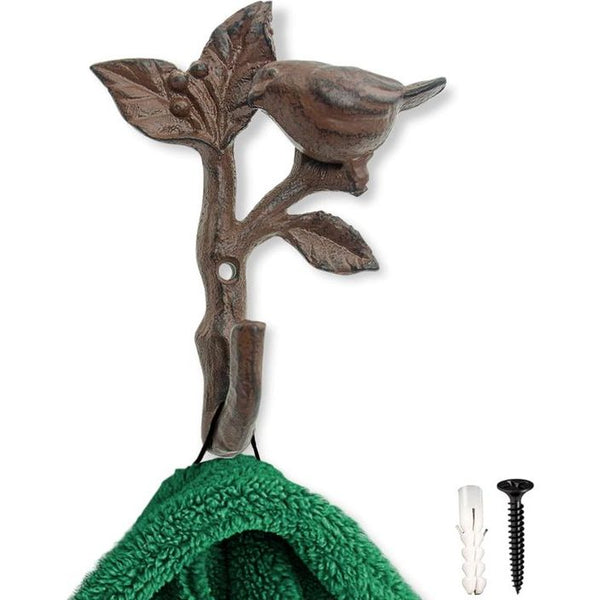Bird on Branch Wall Hook - Metaal, Heavy Duty, Rustiek, Vintage, Gerecycled Metaal, Decoratief Cadeau Idee - 4.75x1.8x6 - Met Schroeven en Pluggen - Bruin