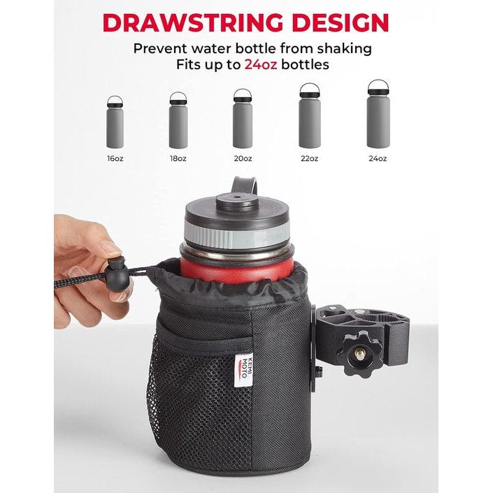 Bidonhouder voor op de fiets, Oxford-stof, universele waterfleshouder met netvak, bekerhouder voor kinderwagen, motorfiets, fiets, rolstoel, scooter, boot