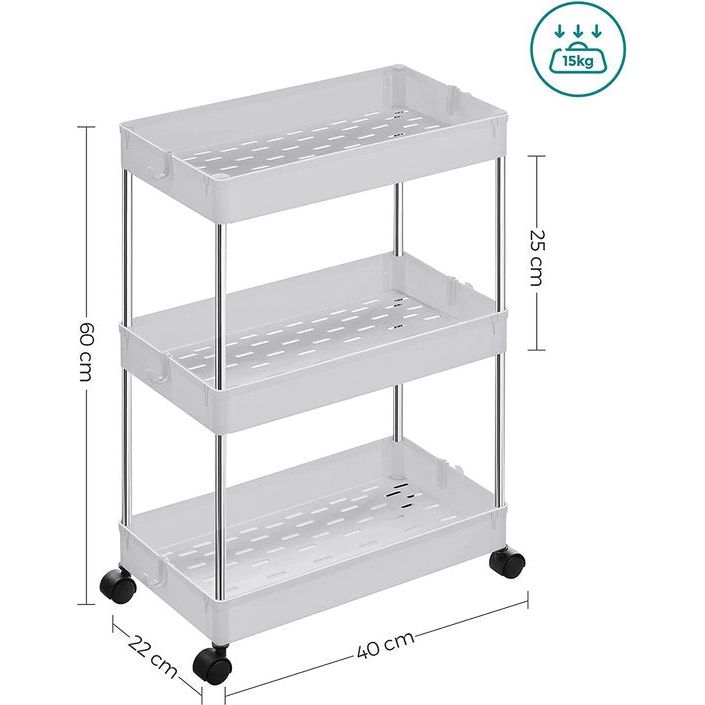 SONGMICS Rollwagen mit 3 Ebenen, Küchenwagen, Nischenregal auf Rollen, platzsparendes Küchenregal, Badregal, fürs Badezimmer, Wohnzimmer, Büro, 40 x 22 x 60 cm, weiß KSC009W01