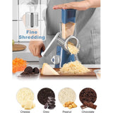 Cheese grater with handle, vegetable slicer with 3 interchangeable drum blades, kitchen grater, fast cutting, drum grater suitable for vegetables, fruits, etc.