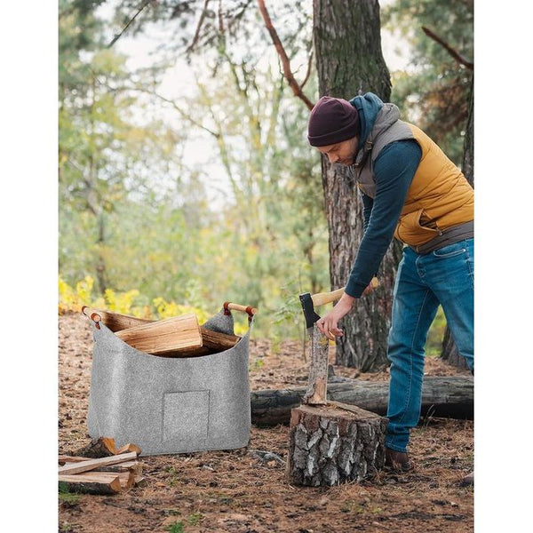 XXL Brandhoutmand met opbergtas, opvouwbare grote houten mand voor haardhout, brandhoutmand met versterkt houten handvat, brandhoutmand voor hout, tijdtogen, 45 x 32 x 40 cm, lichtgrijs