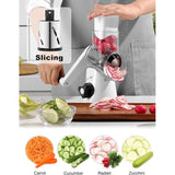 Cheese grater with handle, vegetable slicer with 3 interchangeable drum blades, kitchen grater for quick cutting, drum grater suitable for vegetables, fruits, etc.