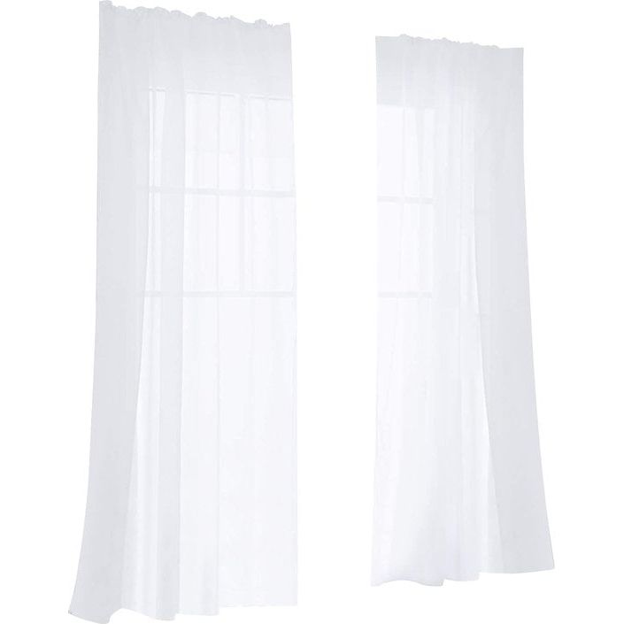 Voile Curtain with Ruffle Tape for Rail, Transparent, Living Room, White, 145 x 140 cm (Height x Width), Set of 2