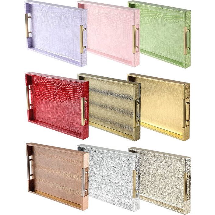 Dienblad van PU-leer, modern, elegant, rechthoekig, decoratief dienblad met metalen handvat, grote capaciteit, lederen serveerplaat voor eten, dranken, sieraden, sleutels, woonkamer, keuken, ijdelheid (karmijnrood)