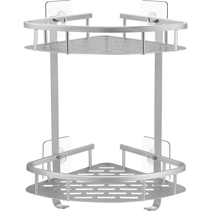 Douchemand zonder boren hoek - badkamerrek mat zilver - doucherek hoek badkamer organizer, douchemandjes plakpads in plaats van boren, aluminium hoekrek badkamer 2-laags doucheplank zonder