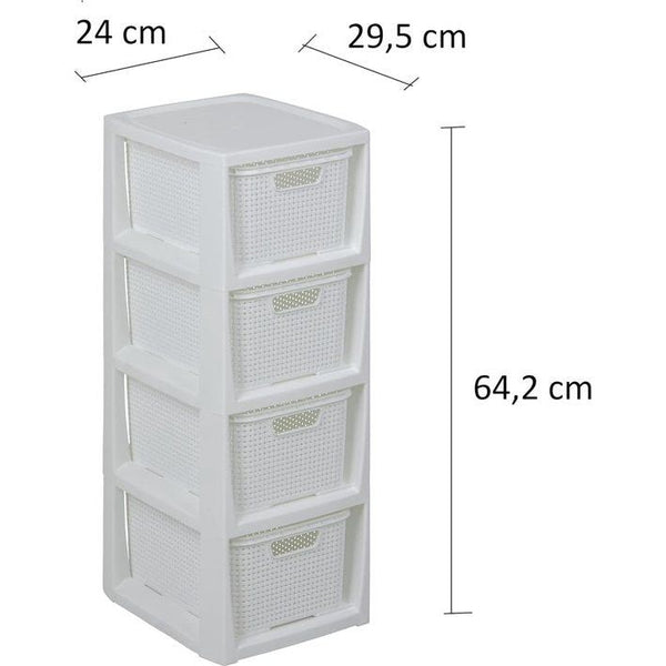 Shelf in Rattan Design, BPA-Free Plastic PP (polypropylene), White, 29.5 x 24 x 64.2 cm, 4 Baskets