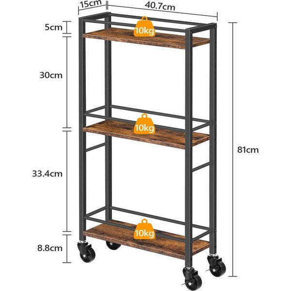 Slanke rolwagen met 3 etages, smalle keukentrolley met wieltjes, praktische opbergwagen, keukenrek van spaanplaat voor kleine ruimtes in eetkamer, badkamer, rustiek