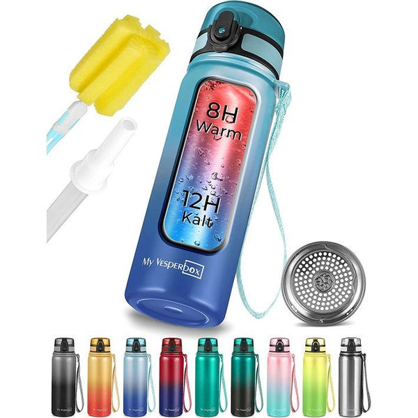 Roestvrij staal Thermos waterfles Lekvrij-met stro of zeef-400ml, 600ml - bpa-vrij-voor kleuterschool ,school (blauw verloop, 600ml)