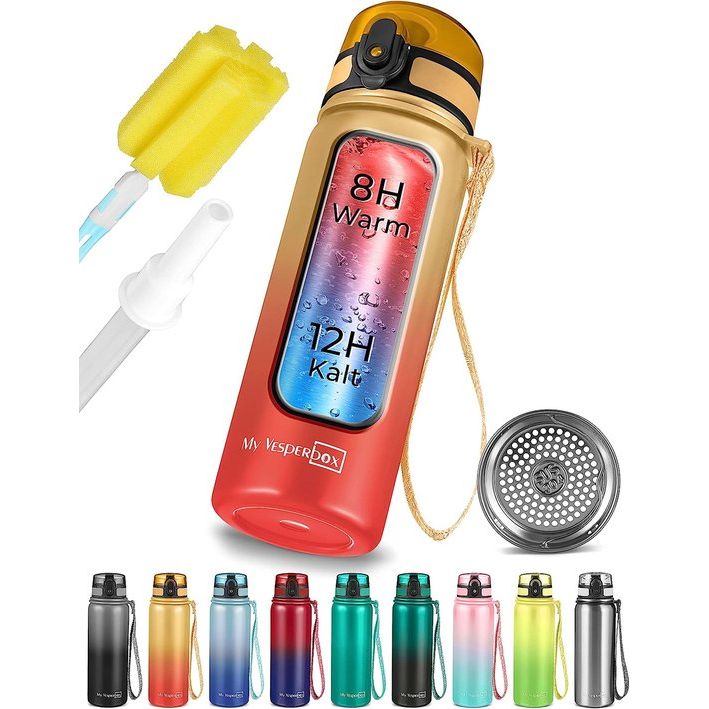 Roestvrij staal Thermos waterfles Lekvrij-met stro of zeef-400ml, 600ml - Bpa vrij-voor kleuterschool, School (rood-oranje, 600ml)