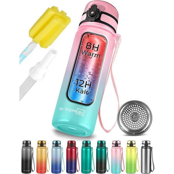 Roestvrijstalen thermosfles Lekvrij-met rietje of zeef -400 ml, 600 ml-BPA-vrij - voor kleuterschool ,school (roze-turquoise, 600 ml)