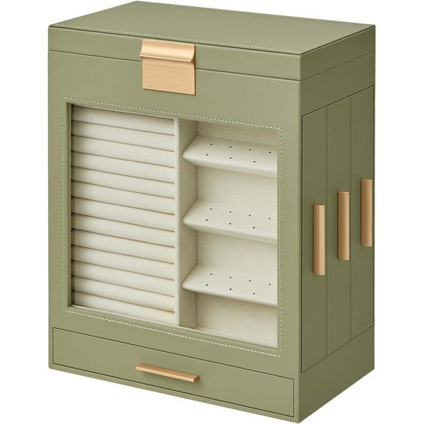 Sieradendoos, sieradendoos 5 niveaus, sieradendoos met glazen ramen, zijladen, grote spiegel, sieradenopslag, 15,5 x 26,1 x 32 cm, lauriergroen-metallic goud