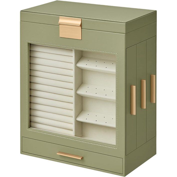 Sieradendoos, sieradendoos 5 niveaus, sieradendoos met glazen ramen, zijladen, grote spiegel, sieradenopslag, 15,5 x 26,1 x 32 cm, lauriergroen-metallic goud