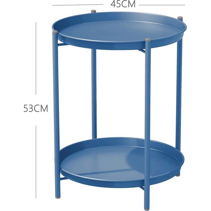 ronde bijzettafel, salontafels, 2 niveaus, voor woonkamertafel, slaapkamer, tuin, banktafel, nachtkastje, verwijderbare schaal, eenvoudige montage, metaal 45x45x53cm (pauwblauw)