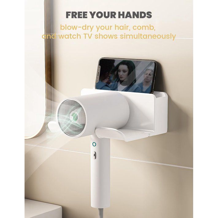 Föhnhouder zonder boren, föhnhouder voor aan de muur, zonder boren, föhnhouder met stekkerhouder en opbergvak, geschikt voor de meeste haardrogers, 16 x 6,5 x 12,6 cm