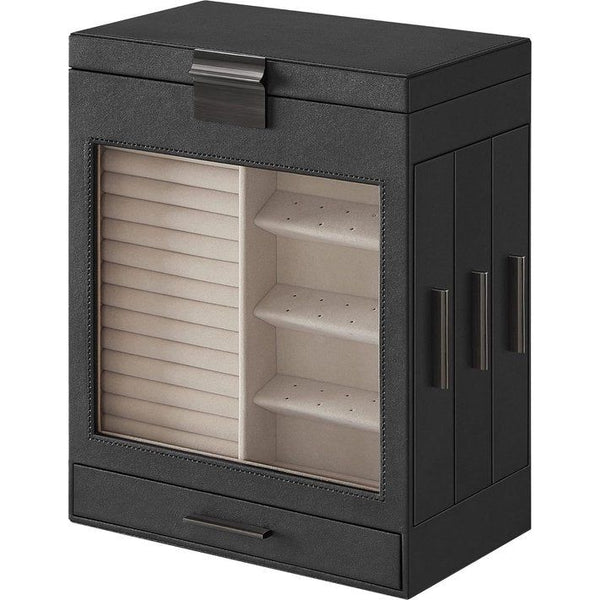 Sieradendoos Sieradendoos met 5 niveaus Glazen deksel Zijladen Verticale opbergruimte Grote spiegel Moderne sieradenopslag Grafietzwart Zilver JBC162B01