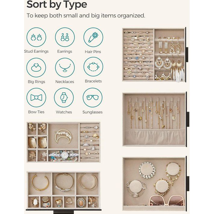 Sieradendoos Sieradendoos met 5 niveaus Glazen deksel Zijladen Verticale opbergruimte Grote spiegel Moderne sieradenopslag Grafietzwart Zilver JBC162B01