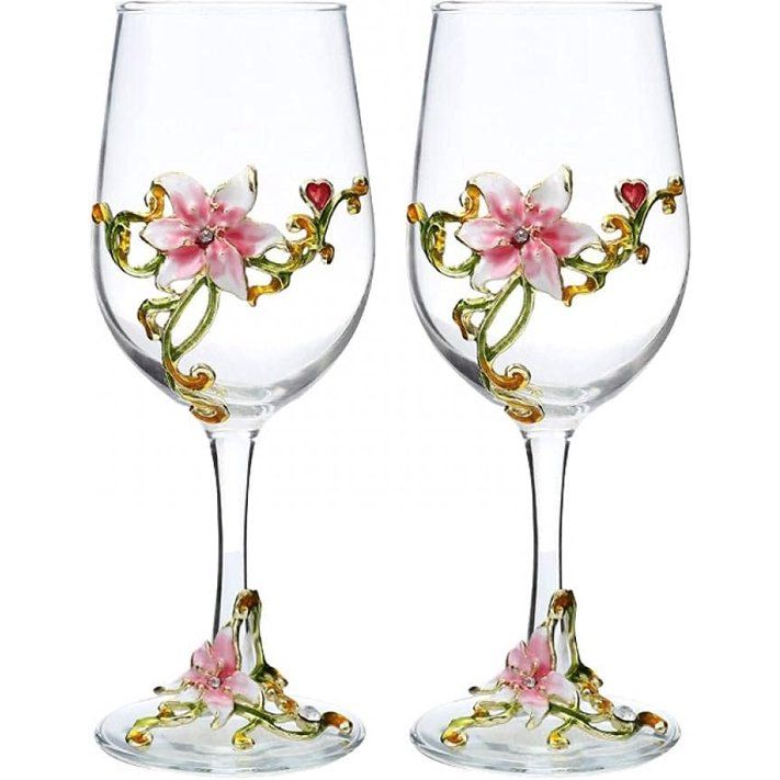 Handgemaakte geschilderde emaille bloem gin ballon glas wijnglas verjaardagscadeau voor vrouwen moeder vrienden Moederdag loodvrij (roze lelie (set van 2)