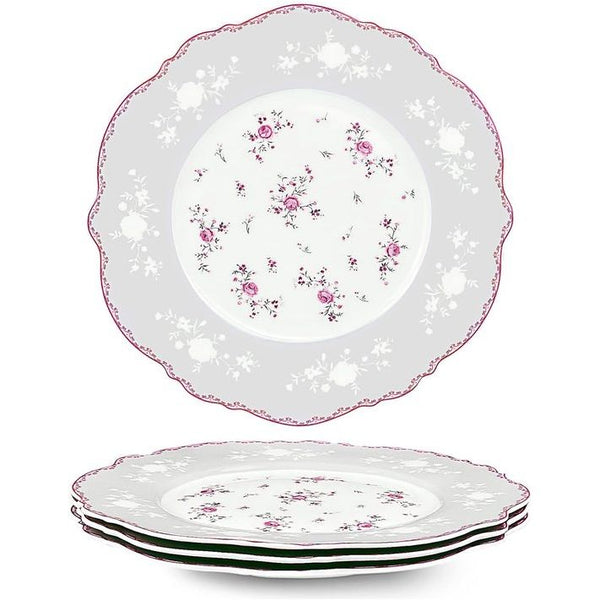 Set van 4 dessertborden van porselein, diameter 208 mm, ontbijtborden met gouden rand, roze bloemen, tafelservies voor Kerstmis, cadeau en huishouden