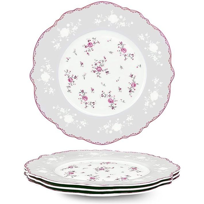 Set van 4 dessertborden van porselein, diameter 208 mm, ontbijtborden met gouden rand, roze bloemen, tafelservies voor Kerstmis, cadeau en huishouden