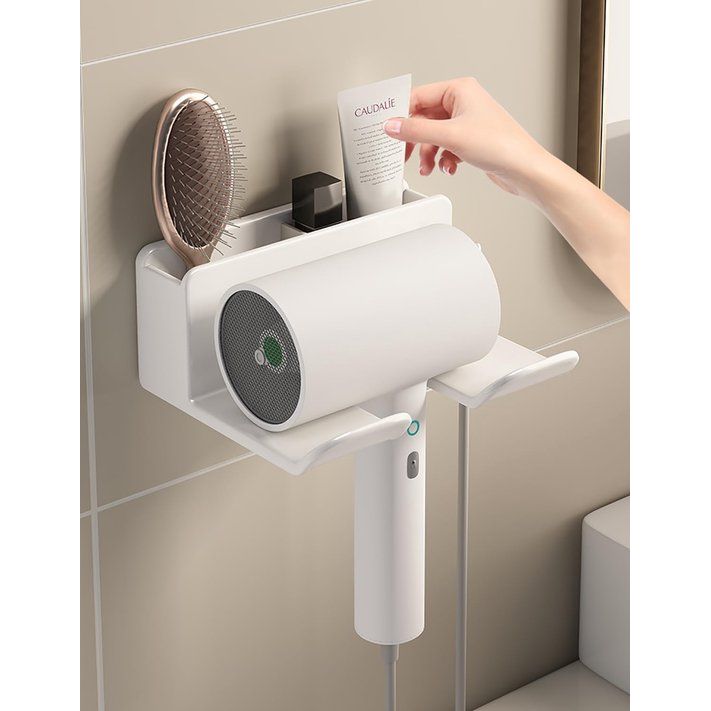 Föhnhouder zonder boren, föhnhouder voor aan de muur, zonder boren, föhnhouder met stekkerhouder en opbergvak, geschikt voor de meeste haardrogers, 16 x 6,5 x 12,6 cm