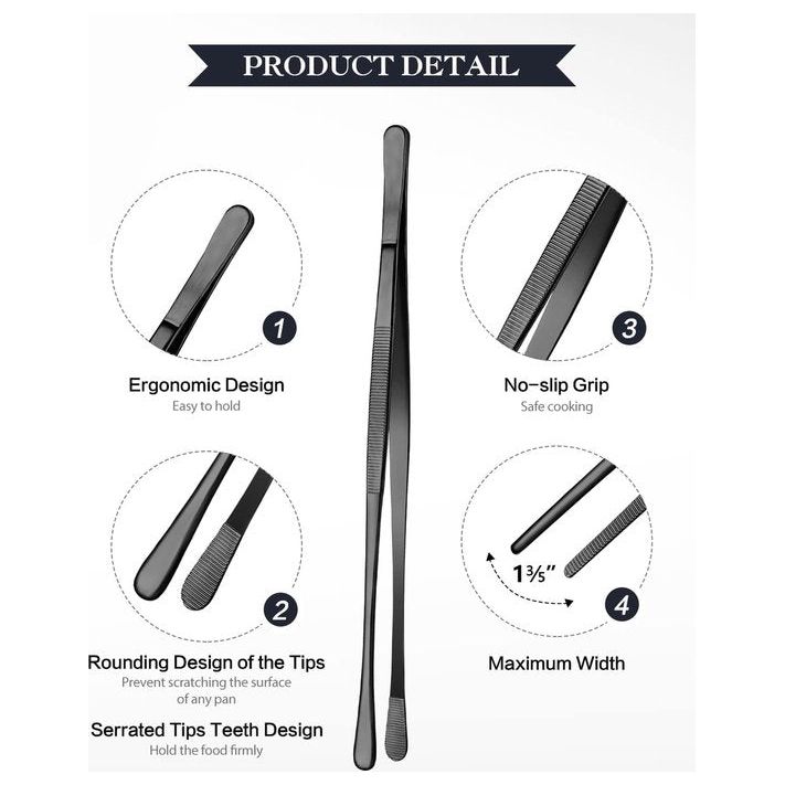 2 stuks 30,5 cm Kookpincet, tang, precisie, gekartelde punten, roestvrij staal, professioneel kooktriet, keukengereedschap voor grillen, coaten en serveren (zwart)