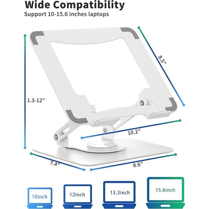 Laptopstandaard met 360° draaibare basis, ergonomische computerverhoger voor bureau, verstelbare hoogte, opvouwbare laptophouder, stabiele ondersteuning 10-15,6 inch notebook, wit