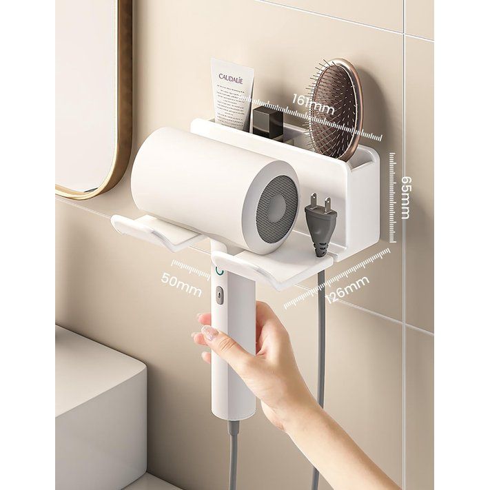 Föhnhouder zonder boren, föhnhouder voor aan de muur, zonder boren, föhnhouder met stekkerhouder en opbergvak, geschikt voor de meeste haardrogers, 16 x 6,5 x 12,6 cm