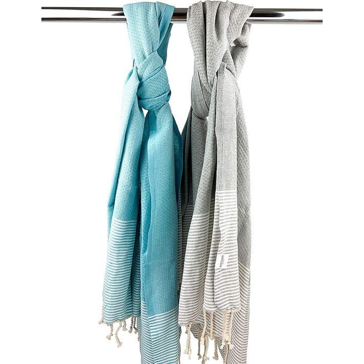 XXL 2X Fouta strandhanddoek handdoek saunahanddoek badhanddoek hamamdoek yoga deken pestemal in aqua & pastelgrijze kleuren als cadeauset extra groot, 100 x 200 cm