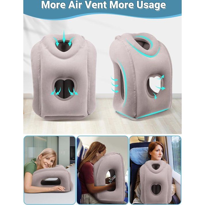 Reiskussen, nekkussen, opblaasbaar vliegtuig, opvouwbaar, draagbaar, comfortabel reiskussen, ondersteunt het hoofd en beschermt de cervicale wervelkolom, nekkussen voor vliegtuigen, treinen, autoritten, grijs