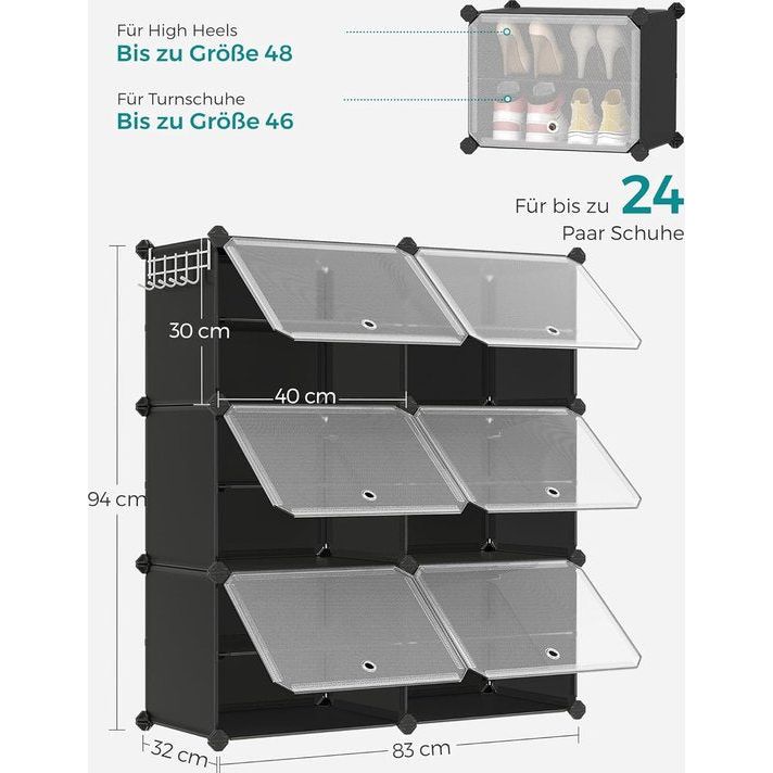 Schoenenrek met 6 vakken, Schoenenkast, 30 x 40 x 30 cm per vak, smal, met deuren, stalen frame, kunststof, voor gang, slaapkamer, entree, zwart LPC033B01