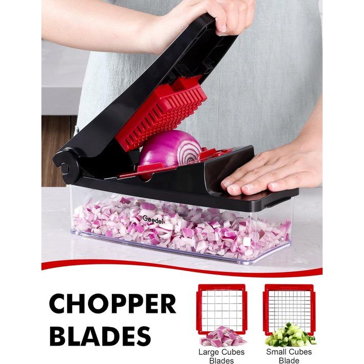 Groentesnijder, groenterasp voor uiensnijder, komkommerschaaf, aardappelsnijder, groentesnijder met verwisselbare messen, 4-in-1 groentesnijder voor de chopper, handmatige hakmolen (rood)