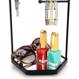 Zwarte sieradenorganizer, sieradenstandaard met zeskantige sokkel, 3-traps metalen sieradenorganizer met spiegelbasis, voor het opbergen van cosmetica, oorbellen, armbanden, ringen en