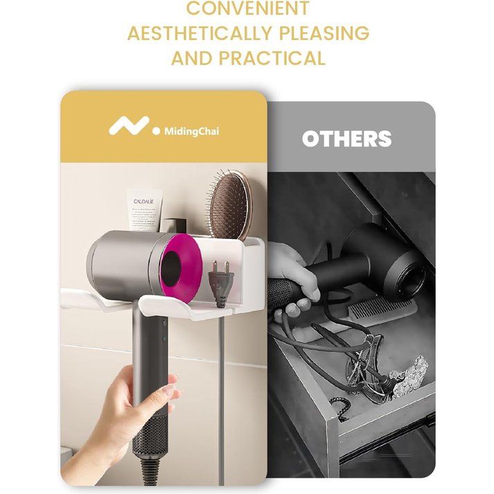 Föhnhouder zonder boren, föhnhouder voor aan de muur, zonder boren, föhnhouder met stekkerhouder en opbergvak, geschikt voor de meeste haardrogers, 16 x 6,5 x 12,6 cm