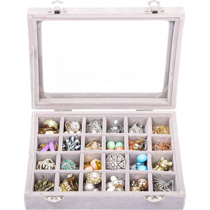 Organizer ring opbergdoos, sieradendoos grijs (24 vakken), fluwelen doos met glazen deksel, 20,2 x 15,1 x 4,6 cm, sieradendoos voor ringen, oorbellen, armbanden, hout, glas