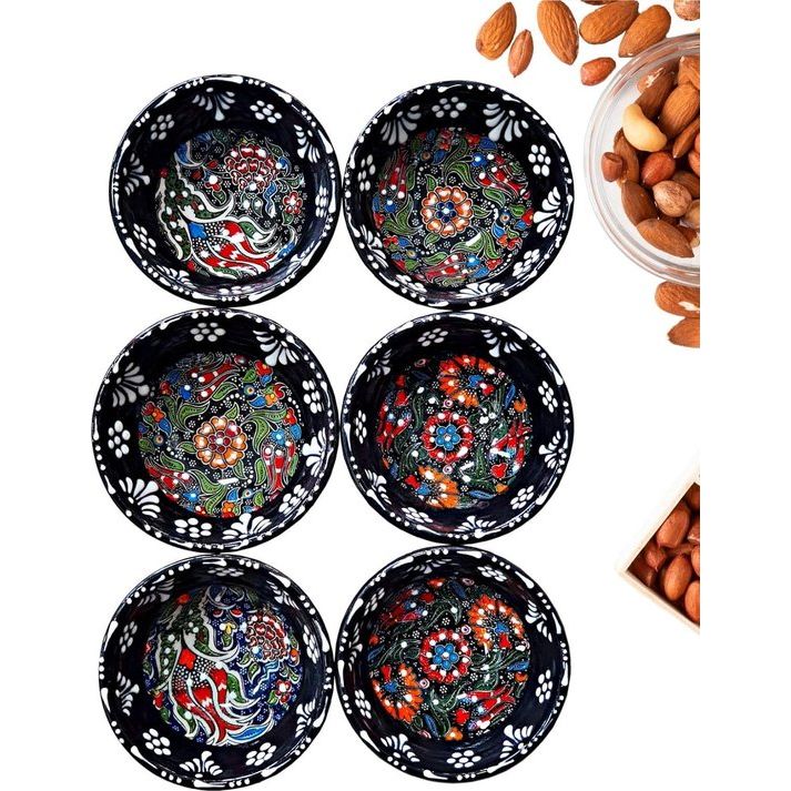 Kleine keramische schalen set van 6 - serveerschalen set voor tapas, dip, dessert, snackschaal - kleurrijke en individueel gedessineerde handgemaakte schalen - 8 x 4 cm. (Iznik Set zwart)