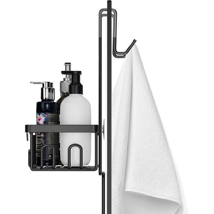 Doucheplank om op te hangen, 3-deurs doucheplank zonder boren, doucheplank, badrek, douchemand, hangend, shampoohouder, douchehangrek voor glazen deur, douchewand met zeepbakje en haak (zwart)