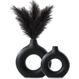 Vaas voor pampasgras, keramische vaas, mat zwart, decoratie, moderne droogbloemen, bloemenvaas, donutvaas, hol design, voor tafeldecoratie thuis, kantoor, decoratie, L+M