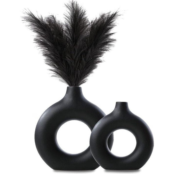 Vaas voor pampasgras, keramische vaas, mat zwart, decoratie, moderne droogbloemen, bloemenvaas, donutvaas, hol design, voor tafeldecoratie thuis, kantoor, decoratie, L+M