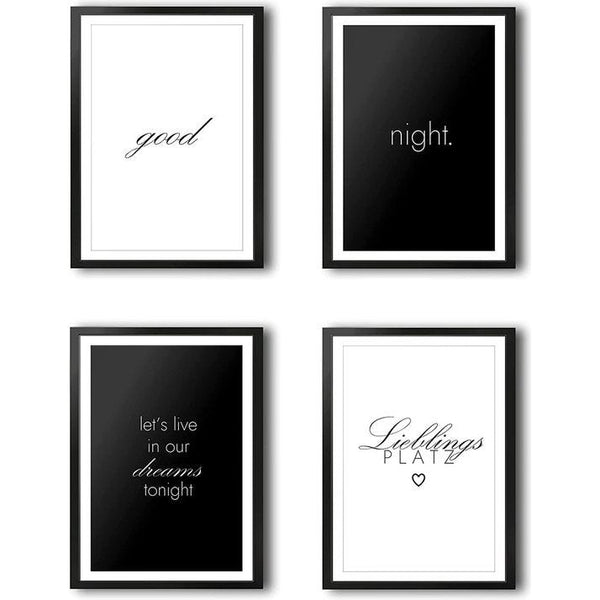 Set beeldingen voor slaapkamer, 4 stuks, prachtige decoratieve beeldingen in wit en wit, perfect geschikt voor DIN A4 foto's
