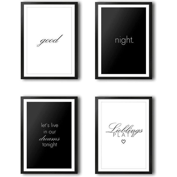 Set beeldingen voor slaapkamer, 4 stuks, prachtige decoratieve beeldingen in wit en wit, perfect geschikt voor DIN A4 foto's